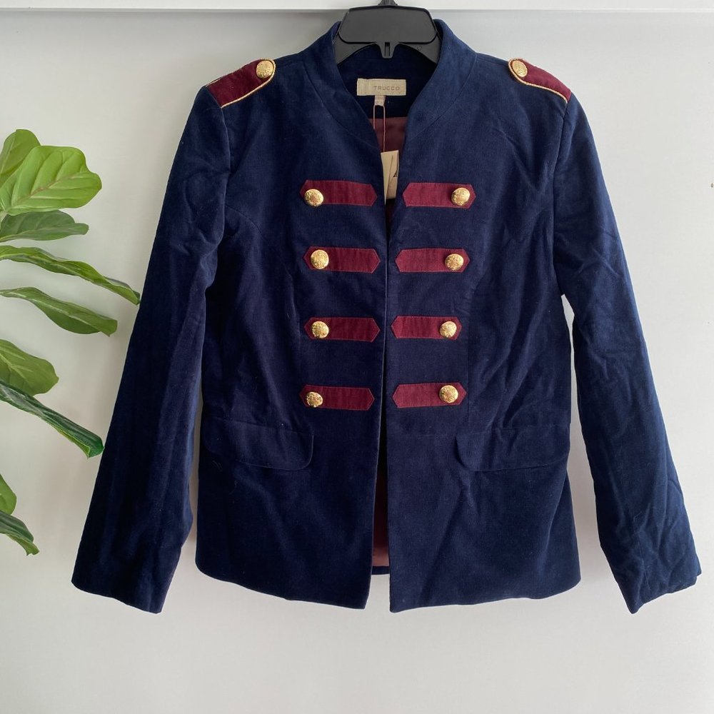 NWT Trucco Navy Burgundy Velvet 44/34 Button Military Style Blazer Sz 10 Spain